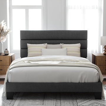 Full Platform Bed Frame with Fabric Upholstered Headboard and Wooden Slats Support