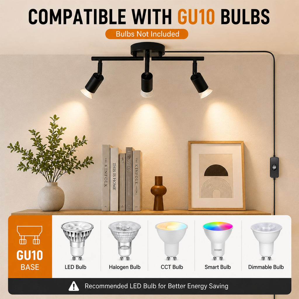 Plug in Track Lighting,Plug in Ceiling Light Fixture,Balck 3 Light Track Light with 16.4' Long Cord,3 Way Ceiling