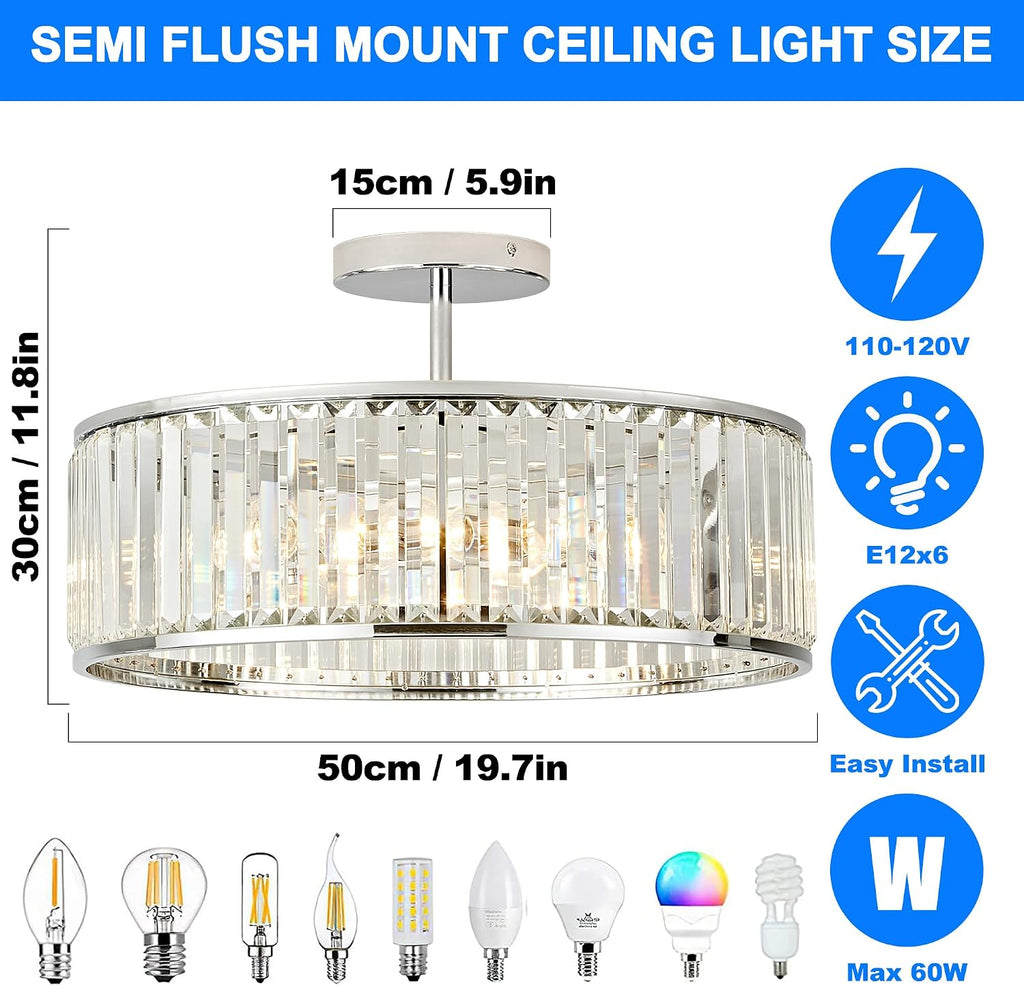 19.7" Modern Crystal Chandeliers Semi Flush Mount Ceiling Light, Large Round Crystal Chandelier Ceiling Lights