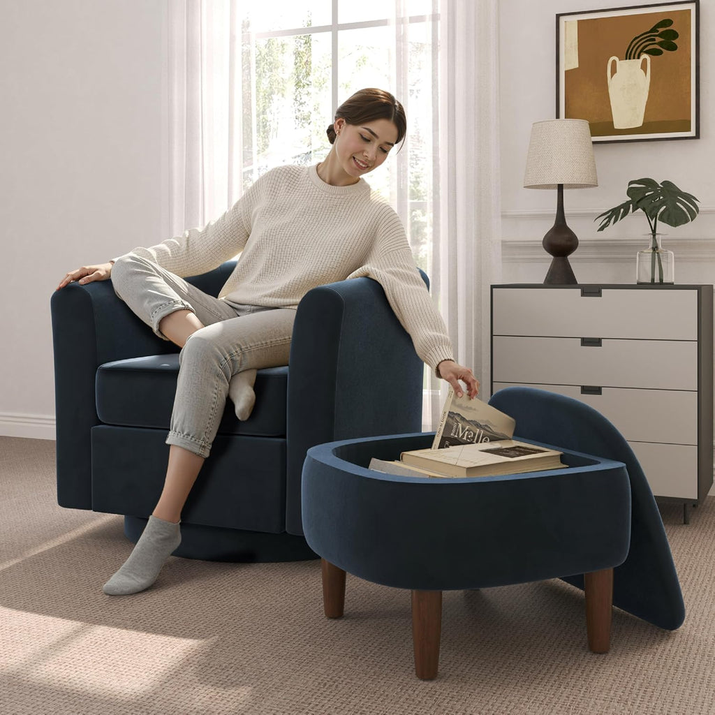 Swivel Accent Chair with Storage Ottoman Set of 2, Modern Velvet Barrel Chair, Upholstered Armchair with Footrest