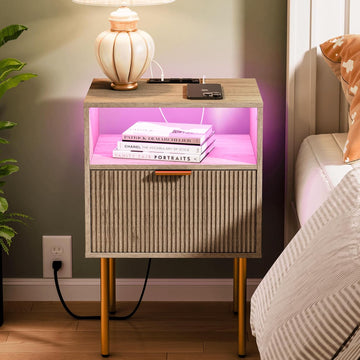 Modern Nightstand with Charging Station and LED Lights, White Bedside Table with Drawer, Fluted Side Table