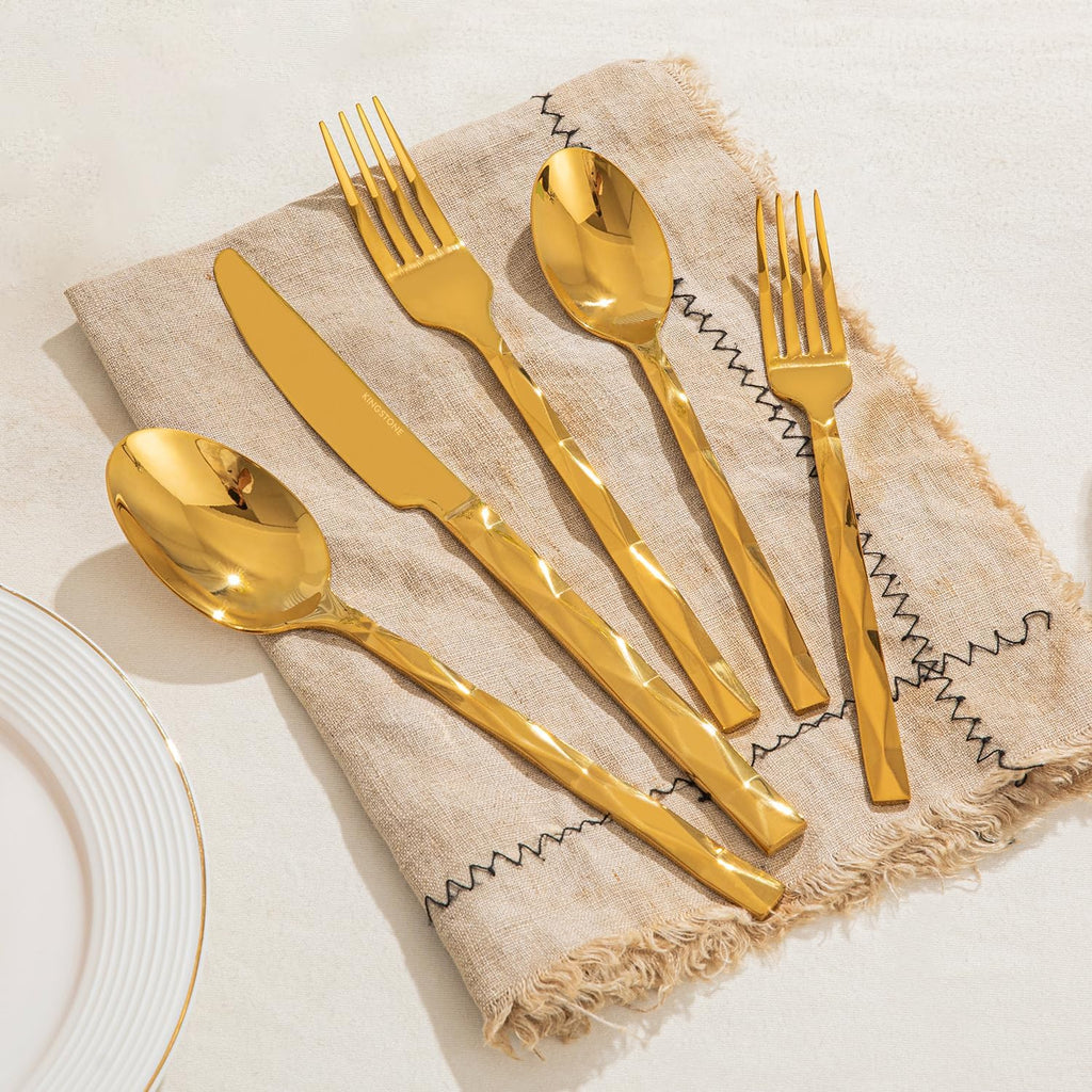 Gold Silverware Set, Luxury 60-Piece Flatware Set for 12, 18/10 Stainless Steel Cutlery Set with Diamond Cut Pattern