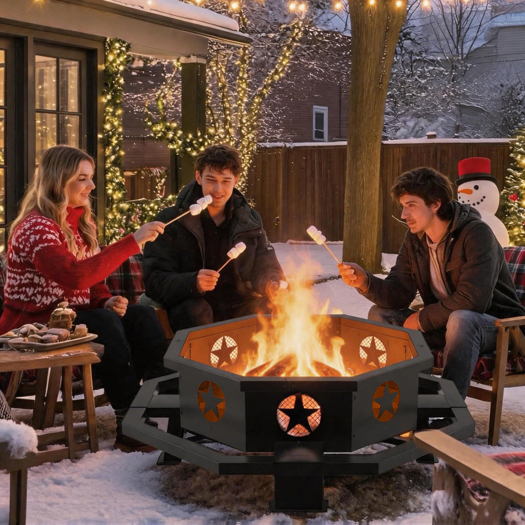 45 Inch Fire Pit for Outside Wood Burning, Outdoor Octagonal Fire Pit with Poker, Large Firepit for Camping
