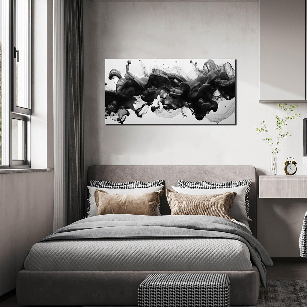 Abstract Black Wall Art, Neutral Black and White Canvas Decorative-Picture Bedroom Office, Contemporary Minimalist