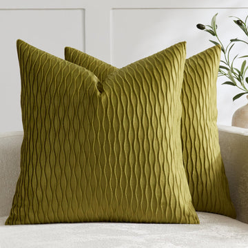 18x18 Moss Green Throw Pillow Cases: 2 Pack Original Striped Velvet Square Decorative Pillow Covers for Farmhouse