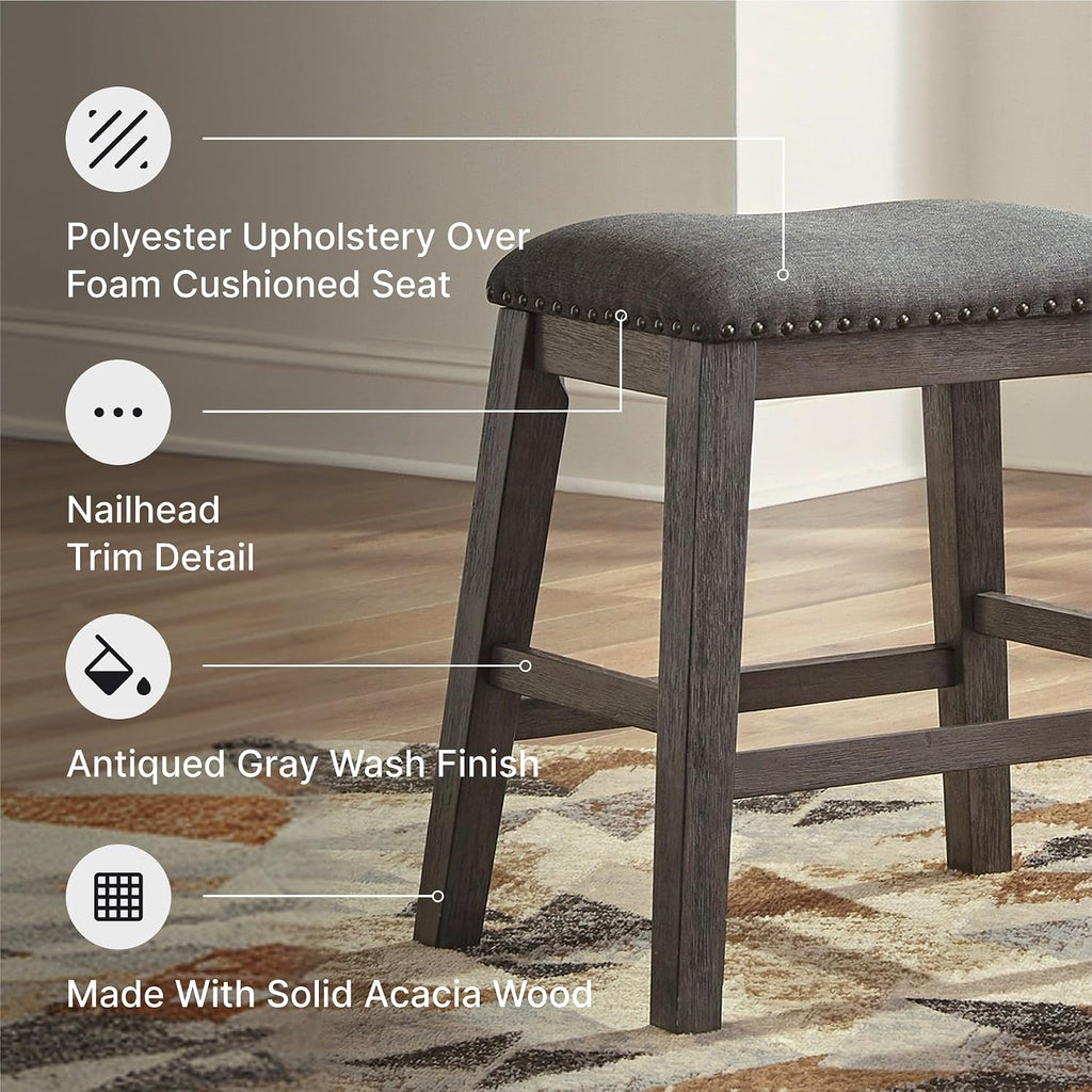 Caitbrook Rustic 24.4" Counter Height Upholstered Barstool, 2 Count, Gray