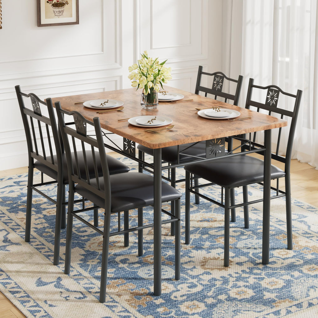 Dining Table Set for 4, 5-Piece Wood Kitchen Table with Upholstered Padded Chairs for Small Space, Breakfast Nook