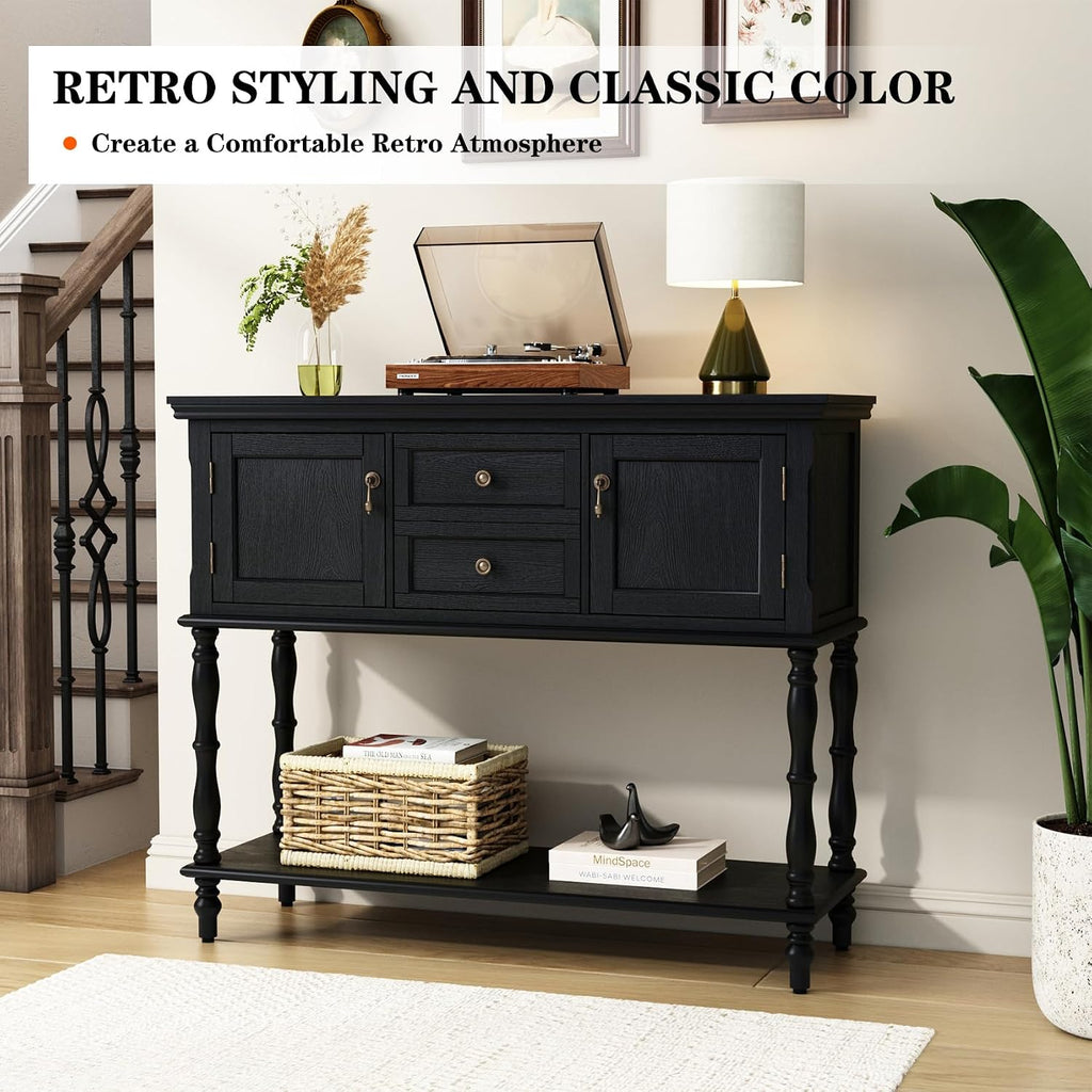 Console Table with 2 Drawers, Retro Entryway Table with 2 Door Cabinets and Open Storage Shelf, Narrow Long Behind