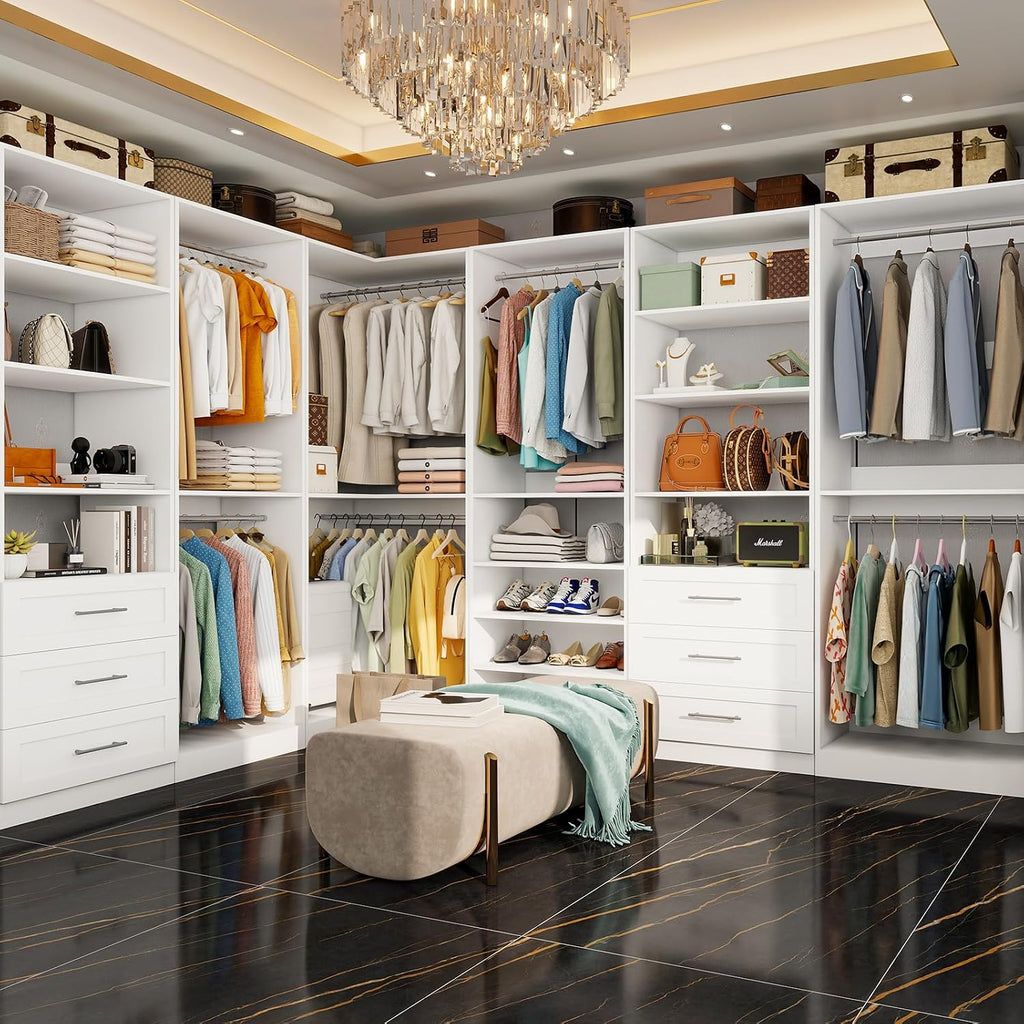 Closet Organizer System of 4 Sets with 3 Drawers, 9 Hanging Rods & 8 Shelves, 157" Walk in Closet System, Corner