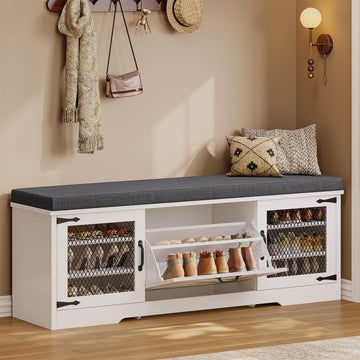 Farmhouse Storage Bench with Flip Drawers & Padded Seat Cushion, Half Hidden Shoe Rack Organizer, Adjustable Shelf