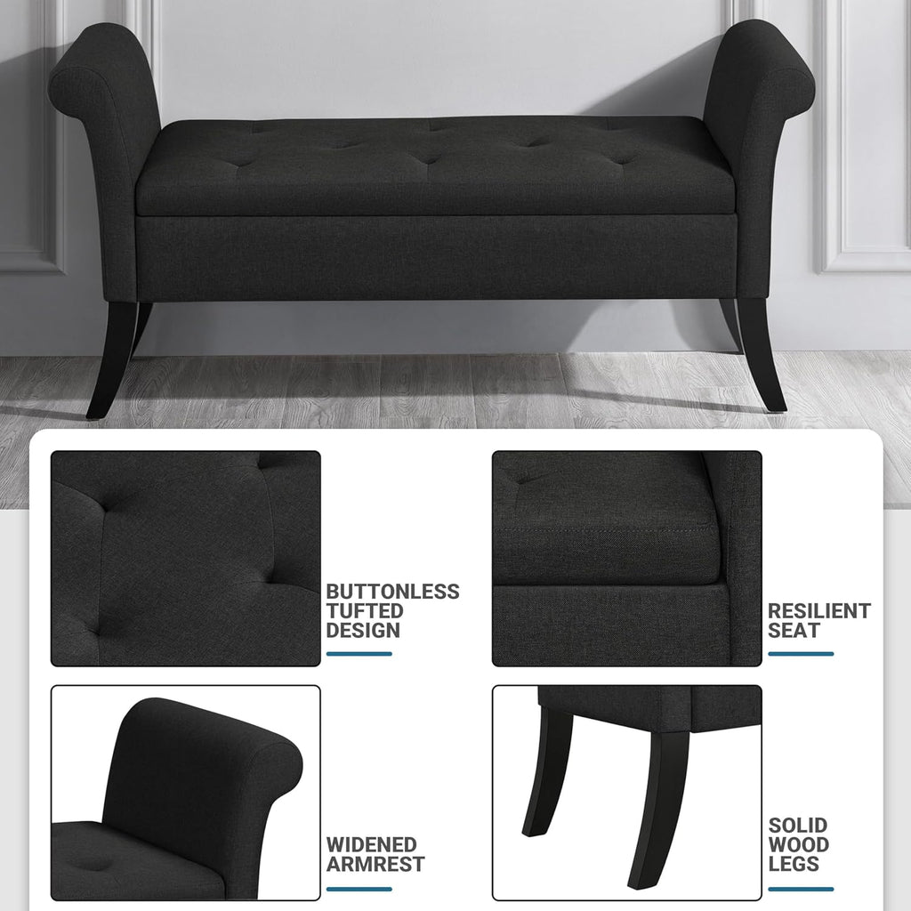 52in Black Storage Bench End of Bed with Rolled Arms | Button-Tufted Bench Seat with 1.9C Storage Space, Rolled Arms
