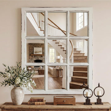 Wall Mirror Decor Farmhouse - Rustic White Window Pane Mirror Wall Decor, Rectangle Wood Mirror , Fireplace,Mantel