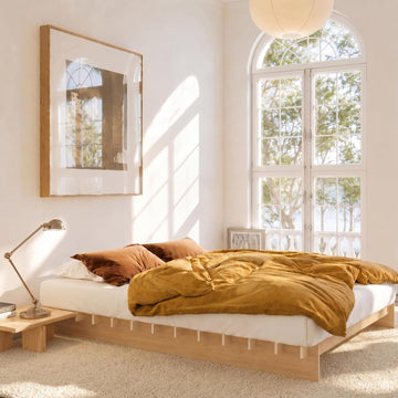 Queen 100% Solid Wood Platform Bed Frame, No Tools Japanese Joinery Wood Bed Frame with Wooden Slat, 8" Under‑Bed