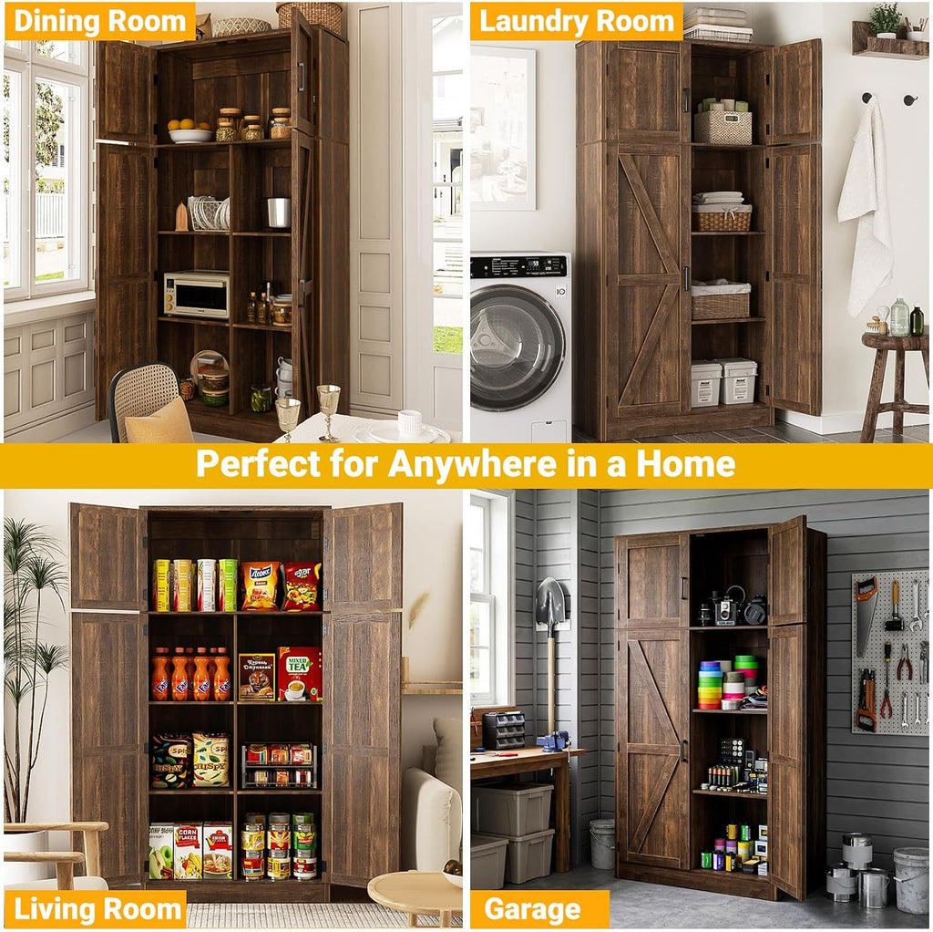 71" Tall Kitchen Pantry Storage Cabinet with Adjustable Shelves | Large Farmhouse Storage Cupboard, Barn Doors