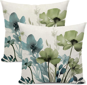 Spring Floral Pillow Covers 18x18 Inches Set of 2 Sage Green Blue Floral Throw Pillow Covers Outdoor Rustic Summer