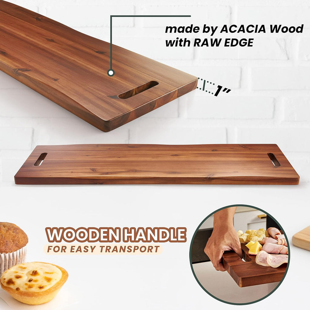 36" Large Acacia Wood Charcuterie Board, Built-in Handles, Raw Edge | Dual-sided Design, Extra Long Wooden Serving