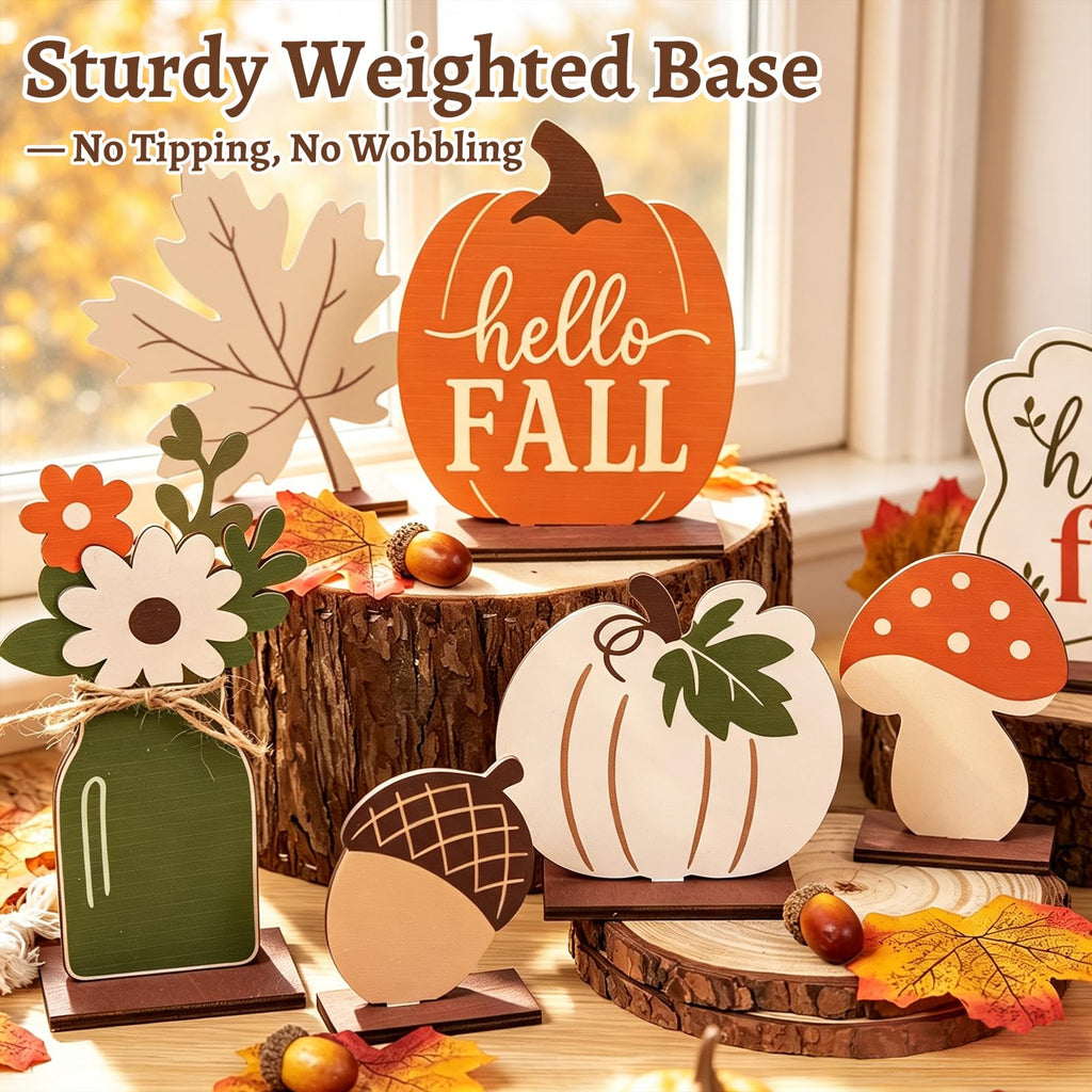 Fall Table Decor, Fall Decorations, 8PCS Wooden Hello Fall Sign, Maple Leaf, Pumpkin and Acorn Indoor Home Office