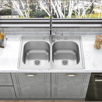 33" x 22" x 9" Drop In Double Bowl Kitchen Sink with 18 Gauge 304 Stainless Steel Satin Finish (Sink Only)