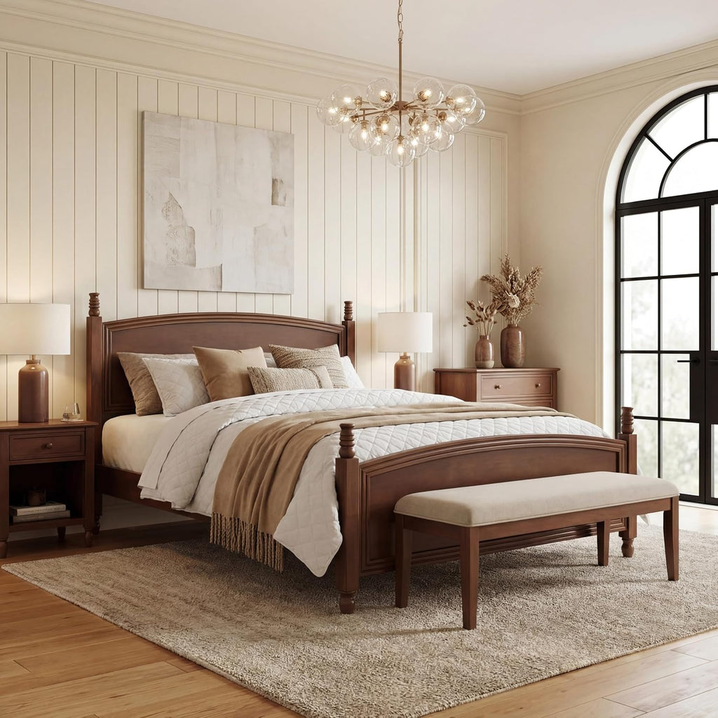 Queen Bed Frame, Solid Wood Platform Bed Frame Queen with Curved Headboard & Footboard, Mid Century Modern Wood