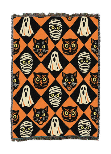 Retro Boo Pattern Blanket - Gift Fall Halloween Tapestry Throw Woven from Cotton - Made in The USA (50X60)
