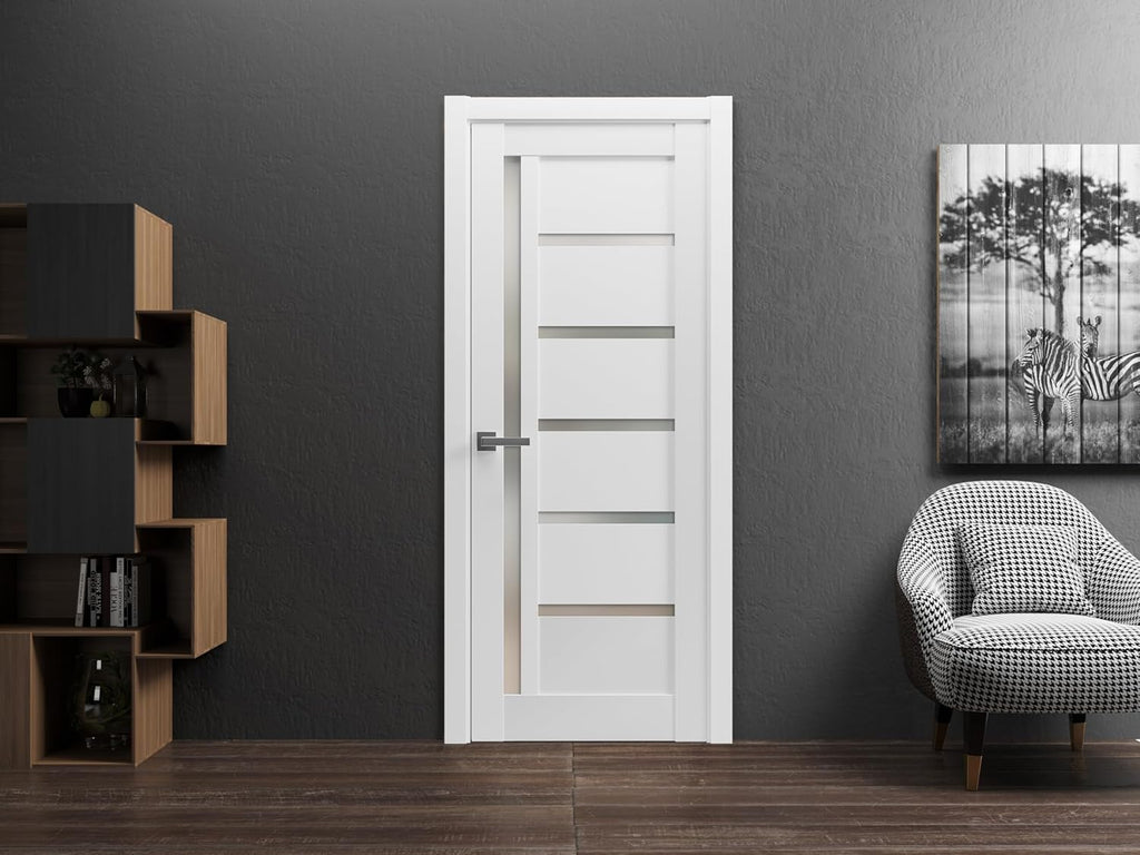 Quadro 4088 Interior Door 28 x 80 in, Single Swing Door Slab with Frosted Glass, White Solid MDF, Fr
