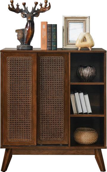 Mid Century Modern Small Rattan Sideboard Buffet Storage Cabinet | Real Wood Veneer Mid Century Storage Cabinet with