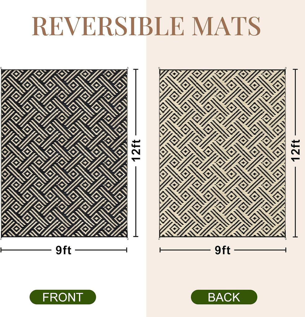 Outdoor Rug 9x12, Plastic Straw Rug, Beige & Black