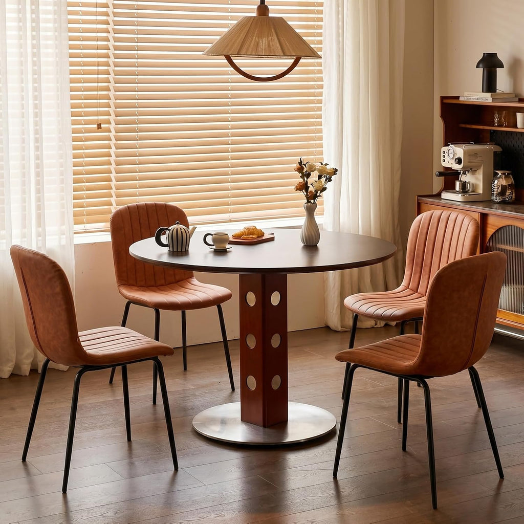 Dining Chair Set of 4, Upholstered PU Leather Seat with Black Metal Legs,Modern Comfortable Kitchen Chair, Curved
