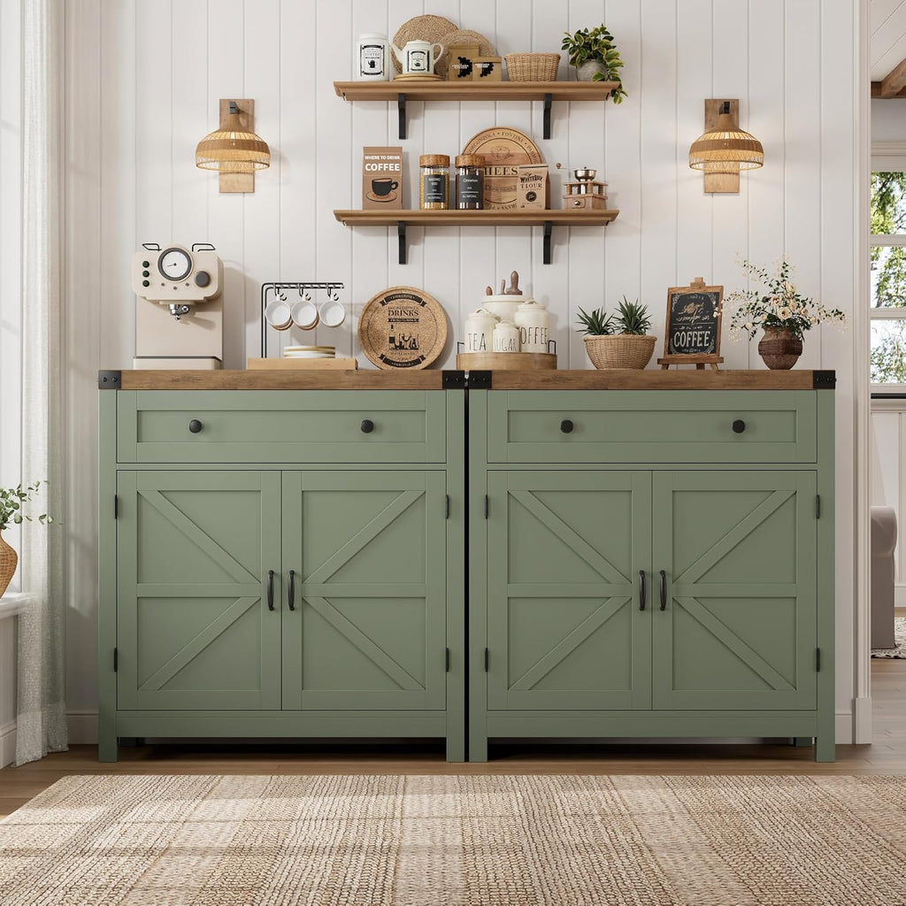 31.5"W Kitchen Storage Cabinet, Farmhouse Coffee Bar Cabinet, Green | Small Buffet Cabinet with Doors & Wide Drawer
