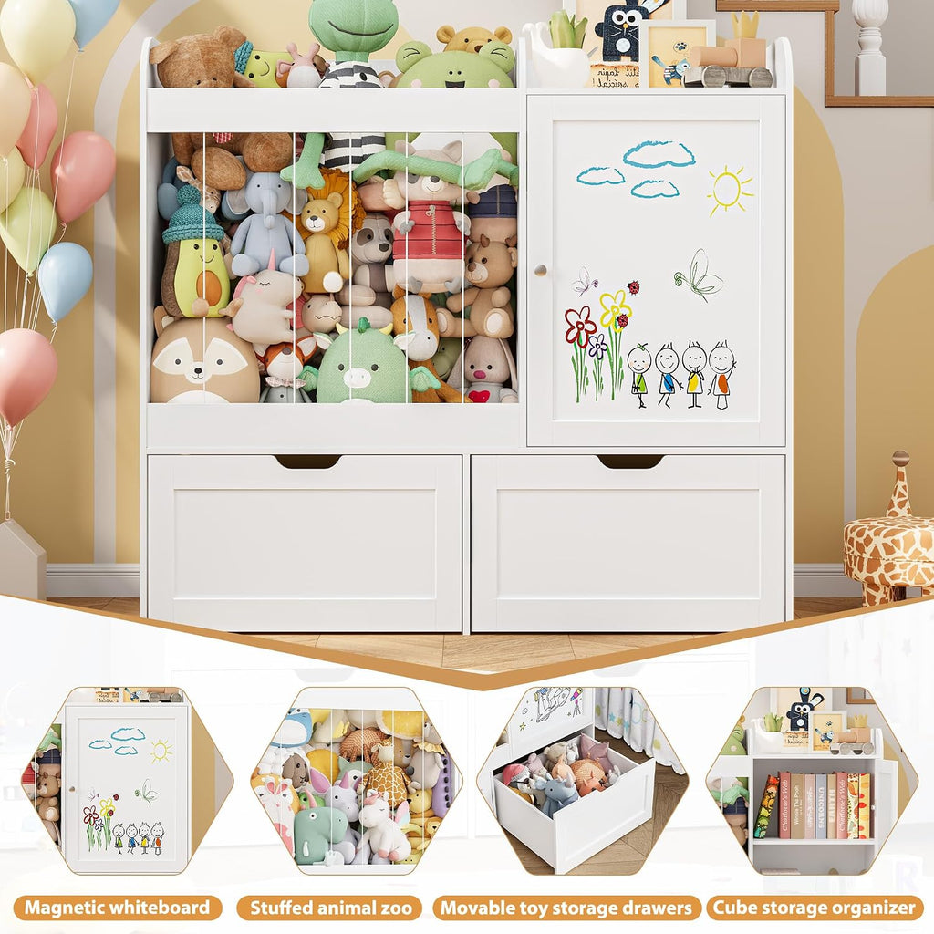 40" Toy Organizers and Storage, Stuffed Animal Holder with Magnetic Drawing Board, Wooden Toy Organizer with 2