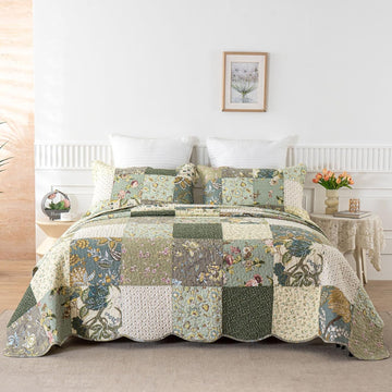 Oversized Bedspreads Patchwork Quilt Set | 100% Cotton Reversible Breathable Floral Quilted