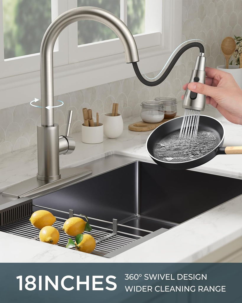 Kitchen Faucets with Pull Down Sprayer, Brushed Nickel High Arc Single Handle Stainless Steel Bar Sink Faucet with Deck Plate for 1 or 3 Hole, Suitable for Farmhouse RV Camper Laundry