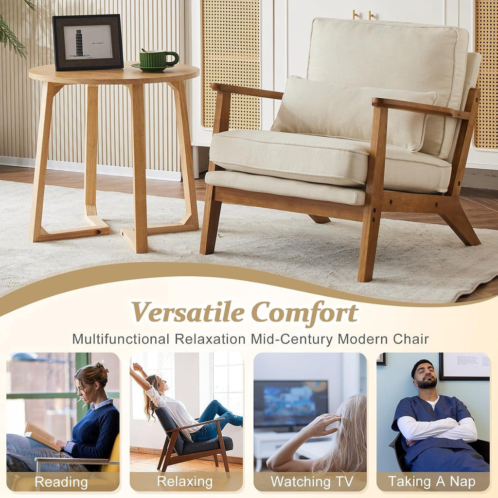 Solid Wood Wide Armrests Accent Chair,Upholstered Mid Century Modern Chair with Pillow,Comfy Reading Chair Farmhouse
