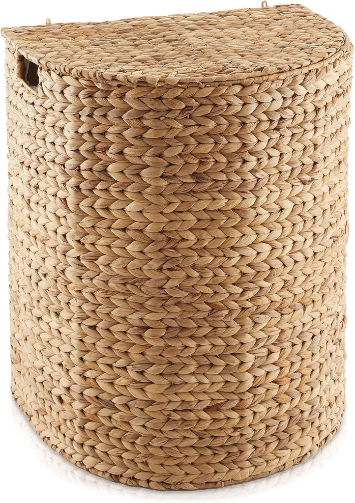 Half Moon Laundry Hamper with Lid and Removable Liner Bag - Natural, Woven Water Hyacinth Laundry Basket for Clothes