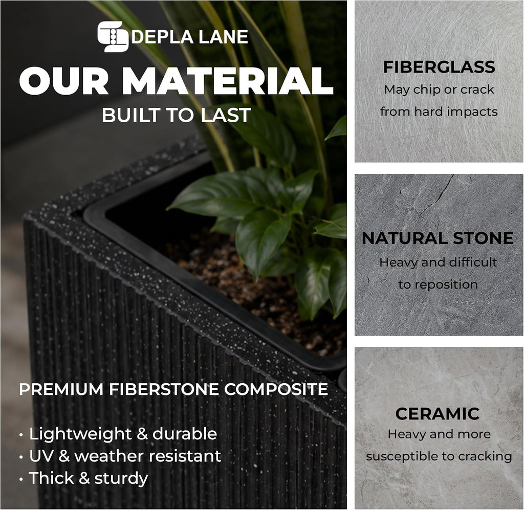 Trevano Fiberstone Rectangular Planter (M, Ribbed White) | Lightweight, Durable, UV Resistant, Modern Terra Cotta