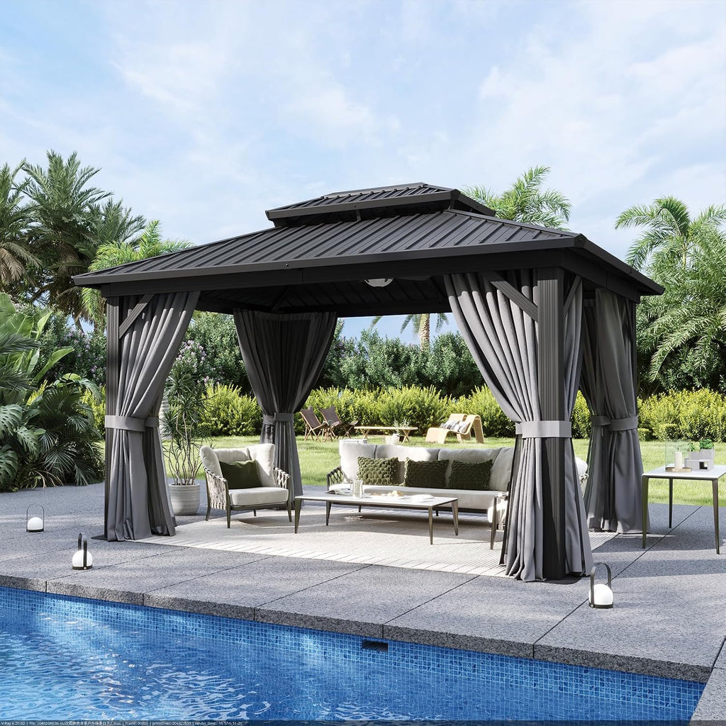 10'x14' Hardtop Gazebo, Metal Frame Canopy with Double Galvanized Steel Roof, Outdoor Metal Pavilion with Netting