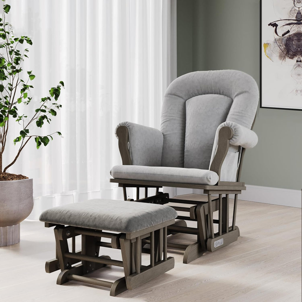 Cozy Glider Rocker and Ottoman Set, Smooth Quiet Gliding Motion, Padded Cushion with Convenient Storage Pockets