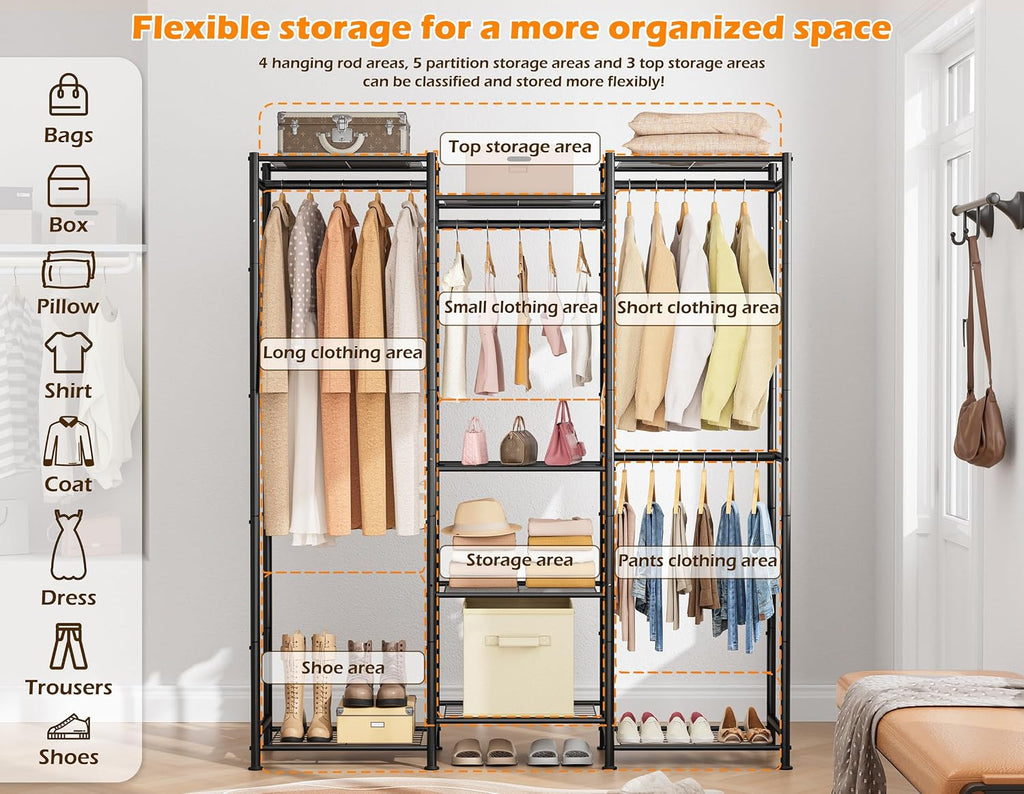 Wardrobe Closet, 4 Hanging Spaces Portable Clothes Rack,Free Standing Closet Organizer and Storage System with