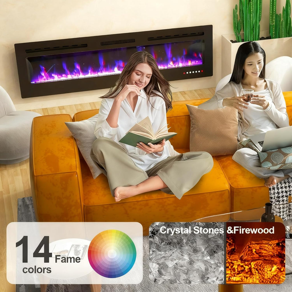 Smart Electric Fireplace - 80 Inch Electric Fireplace Inserts, Wall Mount or in-Wall Recessed Fireplace Heater
