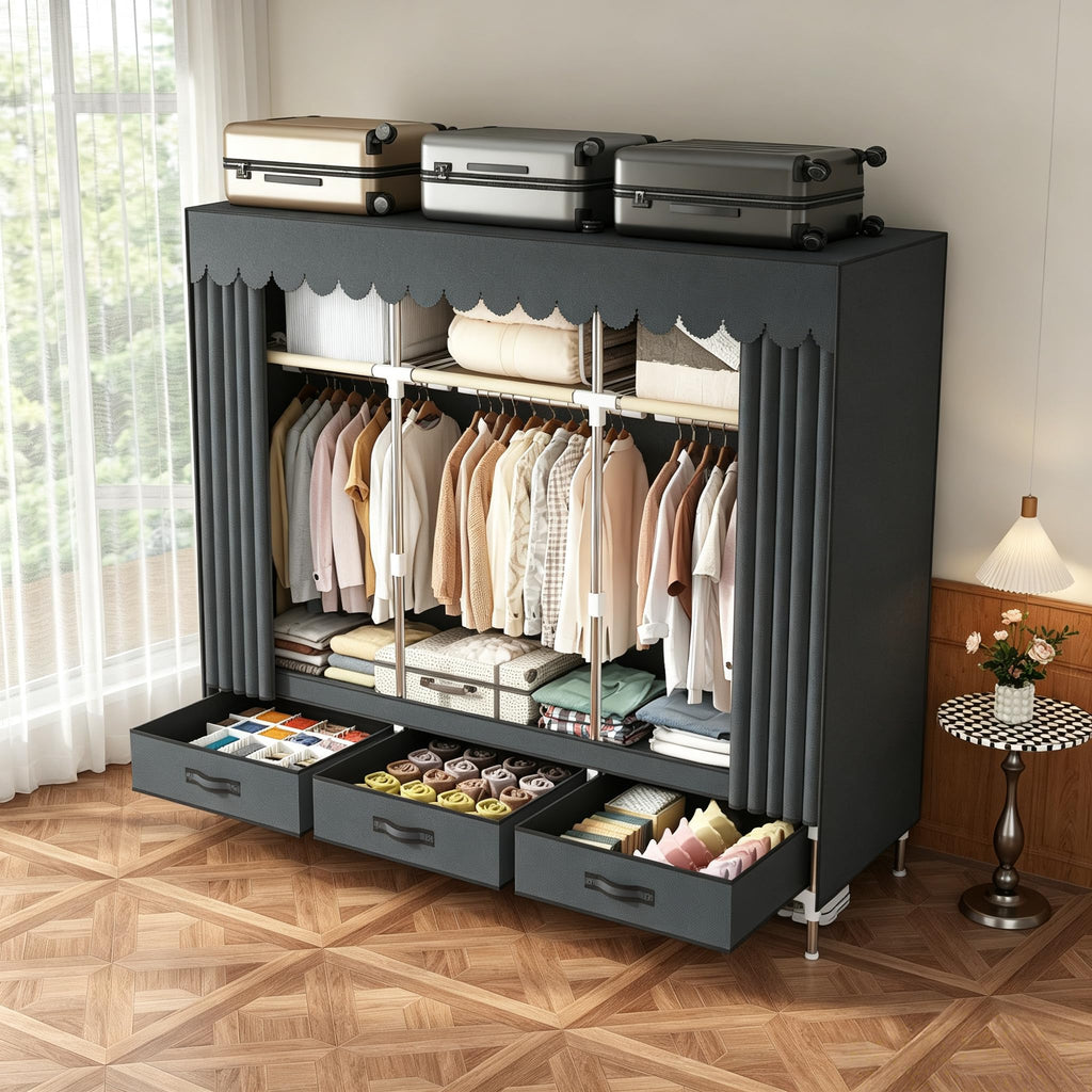 Portable Closet Wardrobe with 3 Storage compartments,3 Hanging Rods and 3 Drawers itory.