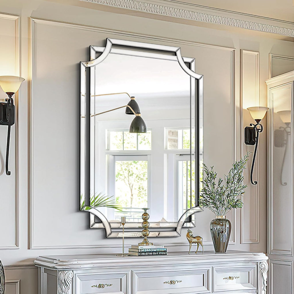32" x 47" Large Wall Mirror Decor, Modern Unique Decorative Mirror with Beveled Glass Scalloped Corner, Horizontal or