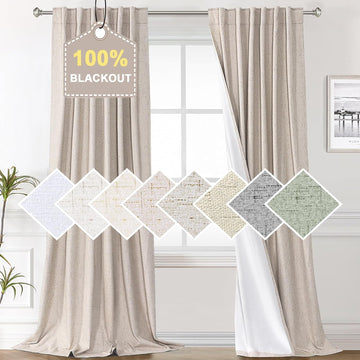 100% Blackout Curtains for Bedroom, Back Tab/Rod Pocket Faux Linen Black Out Cute Curtains 2 Panels