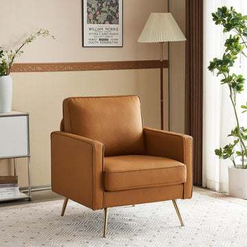 PU Leather Accent Chair Brown Mid Century Modern Upholstered Sofa Chairs with Arms, Gold Legs