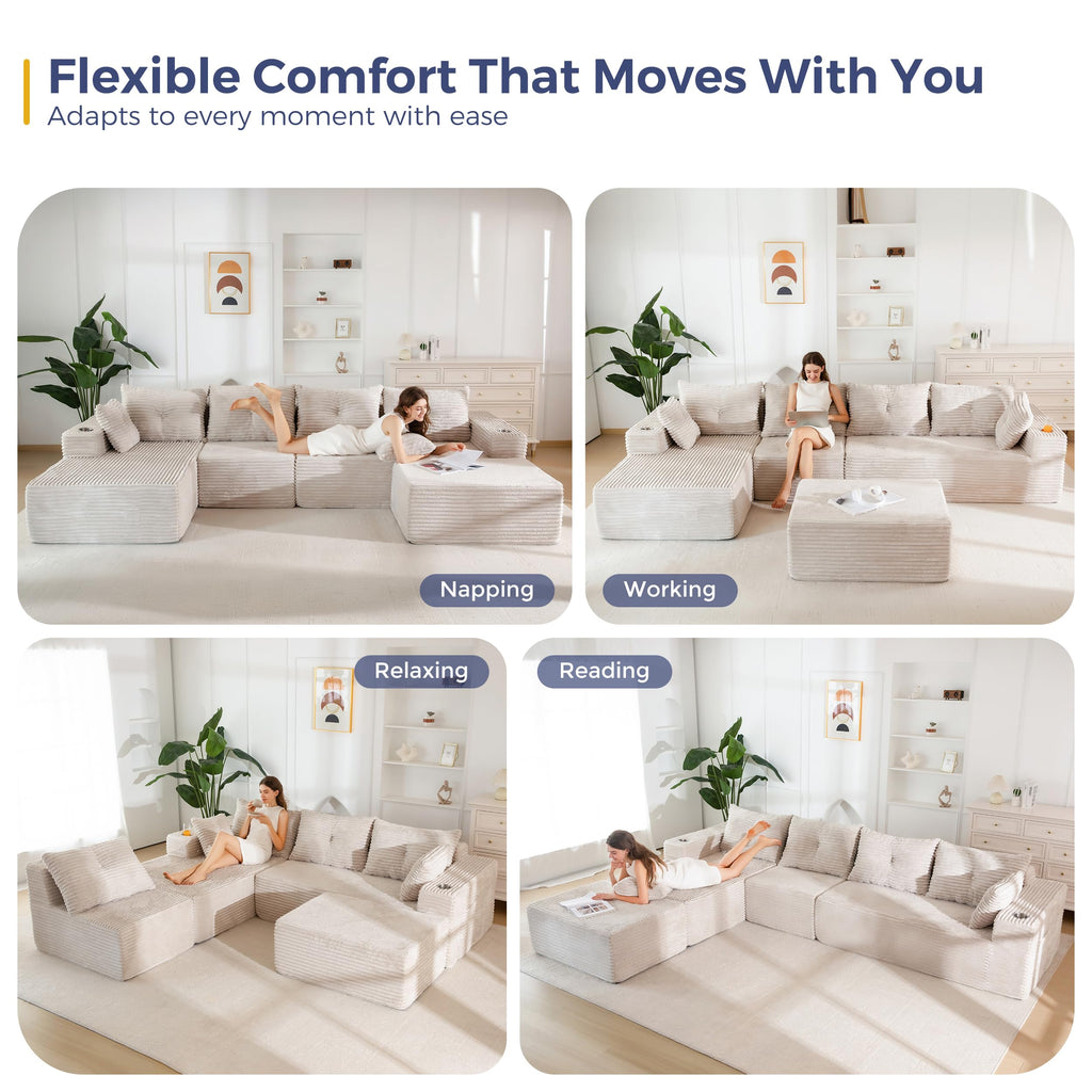 Boneless Couch, 132" U-Shaped Modular Sofa, Left-Facing Chaise