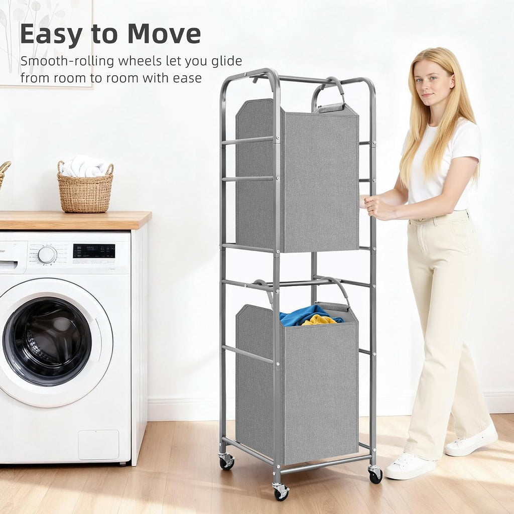 2 Tier Vertical Laundry Hamper, 2 Section Laundry Sorter with 2 Removable Tote Bags, Rolling Clothes Basket for