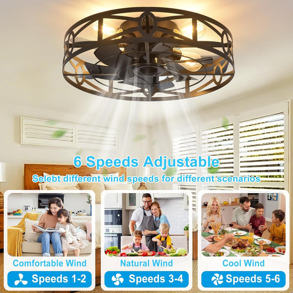 Flush Mount Ceiling Fan: 20" Caged Ceiling Fans with Remote Control - Low Profile Fandelier Lights Fixture Reversible