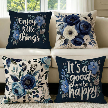 Blue Floral Pillow Covers Set of 4, 20x20 Spring Farmhouse Decor