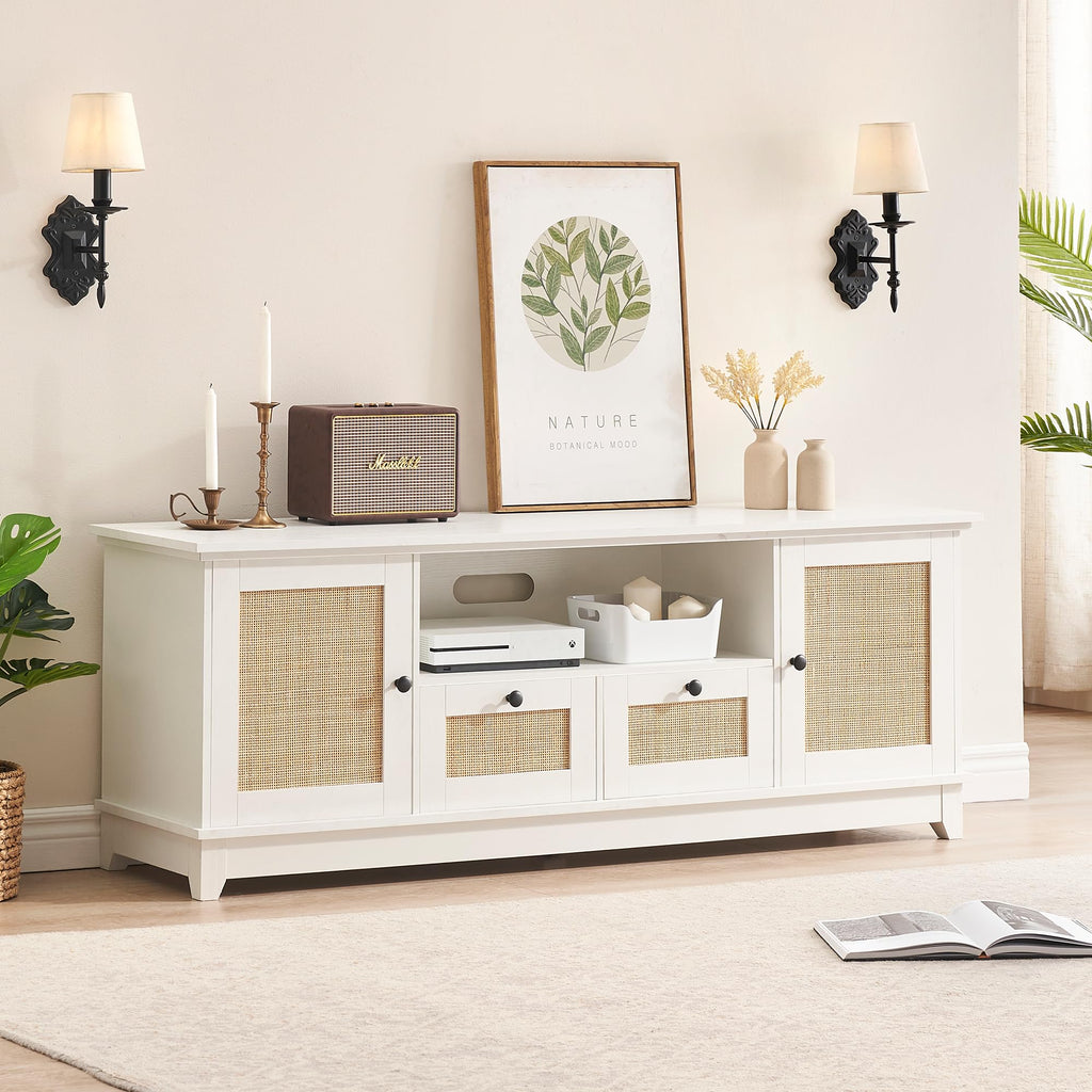 Rattan TV Stand for 65 Inch TVs, White Desktop