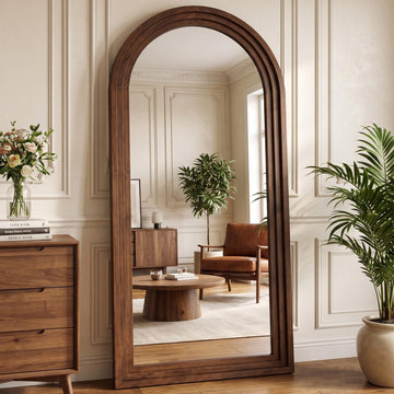 76"x34" Arched Full Length Mirror, Large Wood Floor Mirror, Walnut