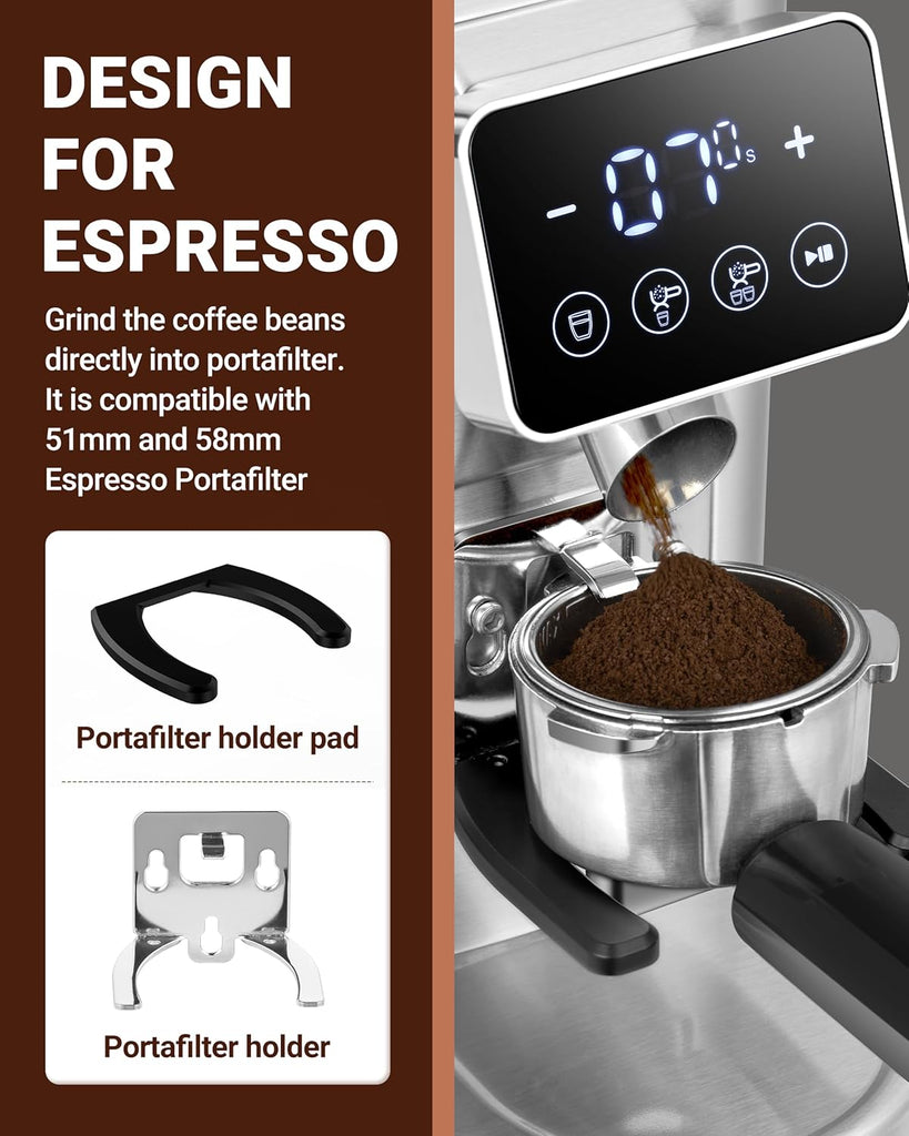 Burr Coffee Grinder, 48 Settings, Less Static Mess, Metallic Silver
